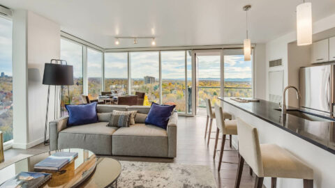 Apartment living area with plush seating, modern kitchen and bright dining space.