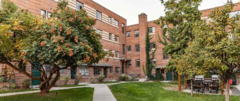 Grassy courtyard outside Country Club Towers and Gardens with lush lawn and tall trees.