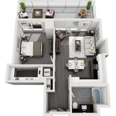 Rendering of the Mt. Sherman floor plan with 1 bedroom[s] and 1 bathroom[s] at Country Club Towers