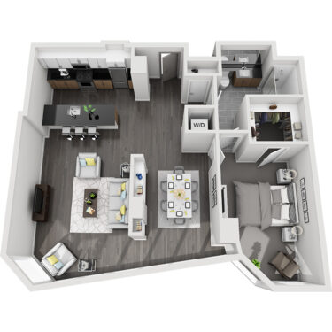 Rendering of the Crestone Peak floor plan with 1 bedroom[s] and 1 bathroom[s] at Country Club Towers