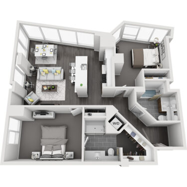 Rendering of the North Maroon Peak 6W - Furnished floor plan with 2 bedroom[s] and 2 bathroom[s] at Country Club Towers