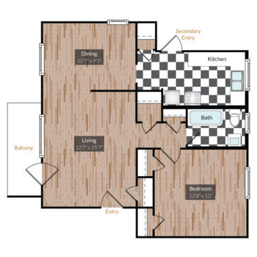 Rendering of the Downing floor plan with 1 bedroom[s] and 1 bathroom[s] at The Gardens