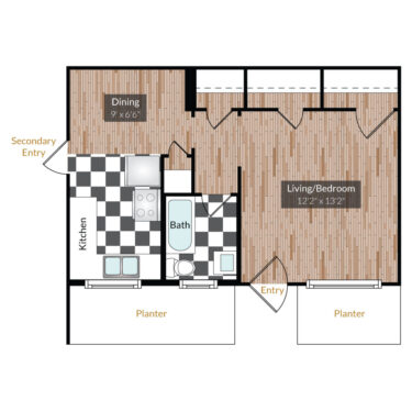 Rendering of the Studio floor plan with a Studio bedroom and 1 bathroom[s] at The Gardens