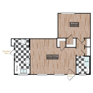 Rendering of the Logan floor plan with 1 bedroom[s] and 1 bathroom[s] at The Gardens
