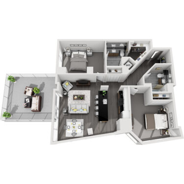 Rendering of the Humboldt Peak- Terrace floor plan with 2 bedroom[s] and 2 bathroom[s] at Country Club Towers