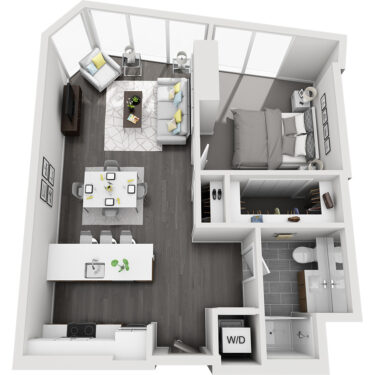 Rendering of the Huron Peak floor plan with 1 bedroom[s] and 1 bathroom[s] at Country Club Towers