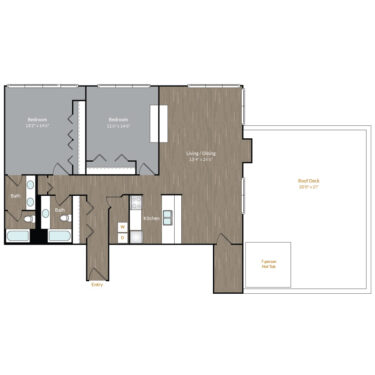 Rendering of the PH1 floor plan with 2 bedroom[s] and 2 bathroom[s] at Bayaud Tower