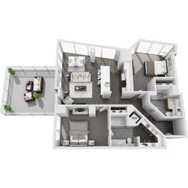 Rendering of the Quandary Peak - Terrace floor plan with 2 bedroom[s] and 2 bathroom[s] at Country Club Towers