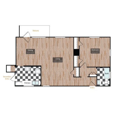 Rendering of the Speer floor plan with 1 bedroom[s] and 1 bathroom[s] at The Gardens