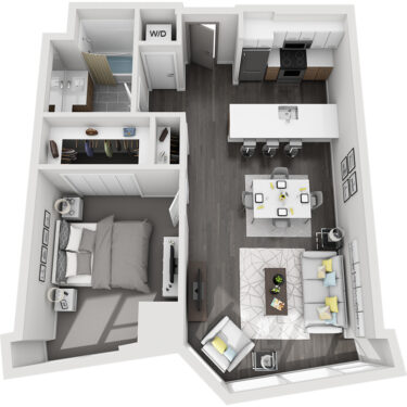 Rendering of the Pikes Peak - Furnished floor plan with 1 bedroom[s] and 1 bathroom[s] at Country Club Towers