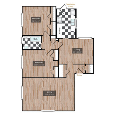 Rendering of the Washington floor plan with 2 bedroom[s] and 1 bathroom[s] at The Gardens