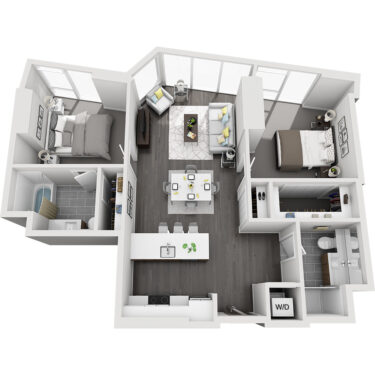 Rendering of the Mt. Harvard floor plan with 2 bedroom[s] and 2 bathroom[s] at Country Club Towers