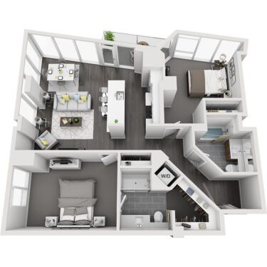 Rendering of the North Maroon Peak floor plan with 2 bedroom[s] and 2 bathroom[s] at Country Club Towers