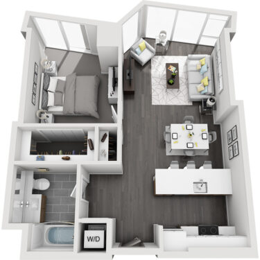 Rendering of the Torreys Peak - Furnished floor plan with 1 bedroom[s] and 1 bathroom[s] at Country Club Towers