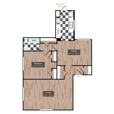 Rendering of the Pearl floor plan with 1 bedroom[s] and 1 bathroom[s] at The Gardens