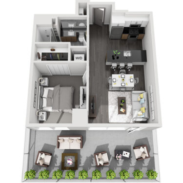 Rendering of the Mt. Evans floor plan with 1 bedroom[s] and 1 bathroom[s] at Country Club Towers