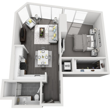Rendering of the Windom Peak floor plan with 1 bedroom[s] and 1 bathroom[s] at Country Club Towers