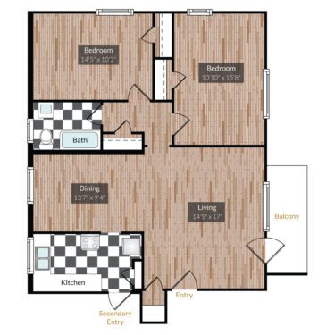 Rendering of the Bayaud floor plan with 2 bedroom[s] and 1 bathroom[s] at The Gardens