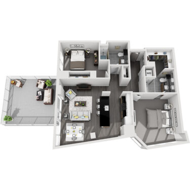Rendering of the Pyramid Peak - Terrace floor plan with 2 bedroom[s] and 2 bathroom[s] at Country Club Towers