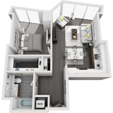 Rendering of the Longs Peak - Furnished floor plan with 1 bedroom[s] and 1 bathroom[s] at Country Club Towers