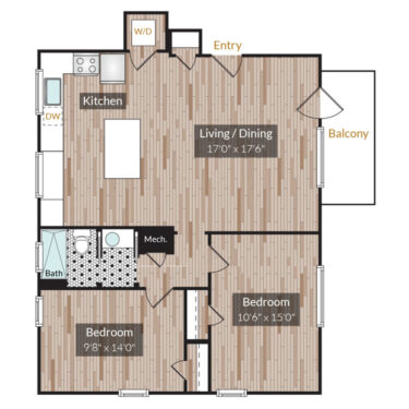 Rendering of the Unit 101 (23 S Downing)  floor plan with 2 bedroom[s] and 1 bathroom[s] at Country Club Towers