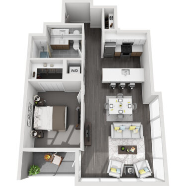 Rendering of the Sunshine Peak floor plan with 1 bedroom[s] and 1 bathroom[s] at Country Club Towers
