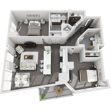 Rendering of the Maroon Peak floor plan with 2 bedroom[s] and 2 bathroom[s] at Country Club Towers