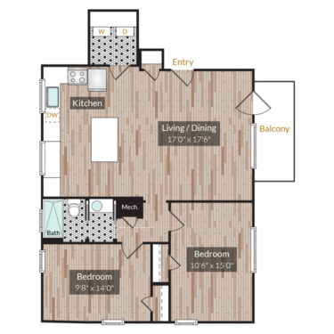 Rendering of the Unit 301 (23 S Downing)  floor plan with 2 bedroom[s] and 1 bathroom[s] at Country Club Towers