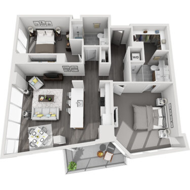 Rendering of the Pyramid Peak floor plan with 2 bedroom[s] and 2 bathroom[s] at Country Club Towers