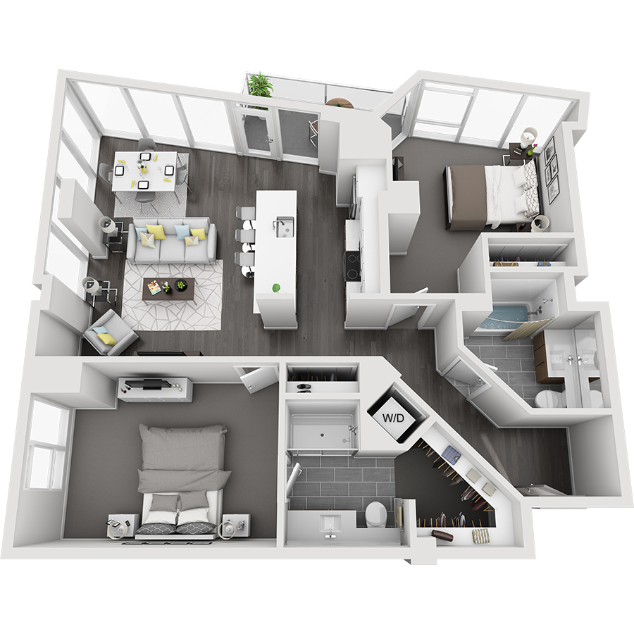 Rendering of the North Maroon Peak floor plan with 2 bedroom[s] and 2 bathroom[s] at Country Club Towers