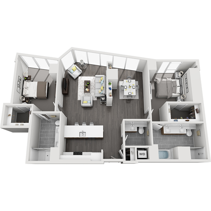 Rendering of the Snowmass Mountain floor plan with 2 bedroom[s] and 2.5 bathroom[s] at Country Club Towers