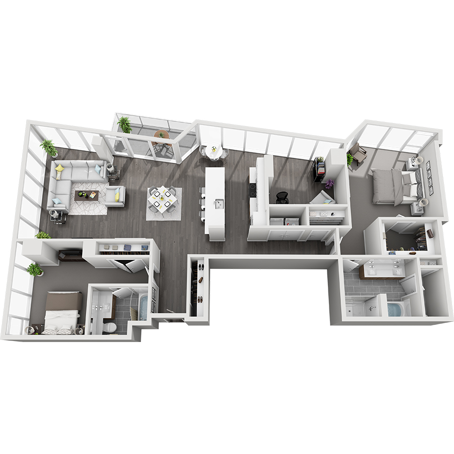 Rendering of the Mt Massive floor plan with 2 bedroom[s] and 2 bathroom[s] at Country Club Towers