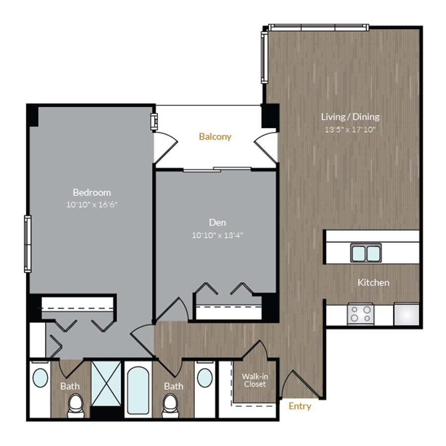 Rendering of the The Ellsworth floor plan with 2 bedroom[s] and 2 bathroom[s] at Bayaud Tower