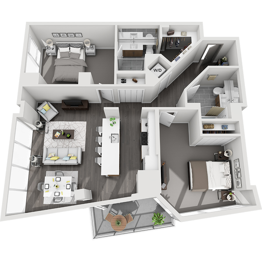 Rendering of the Humboldt Peak floor plan with 2 bedroom[s] and 2 bathroom[s] at Country Club Towers