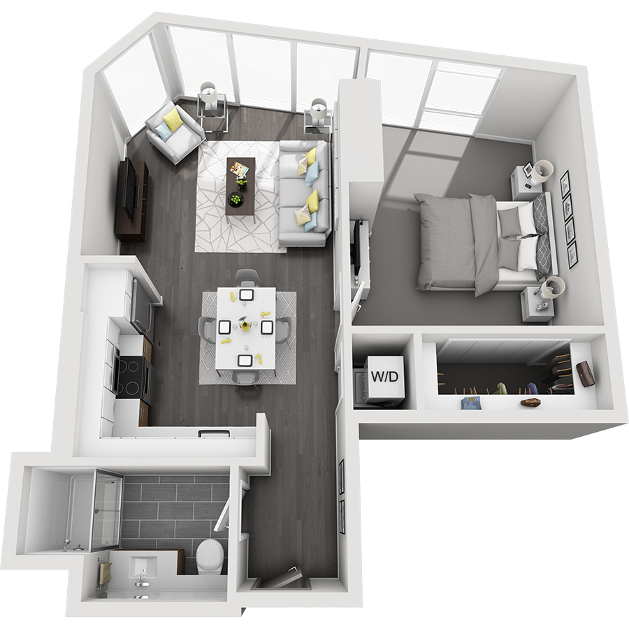 Rendering of the Windom Peak floor plan with 1 bedroom[s] and 1 bathroom[s] at Country Club Towers