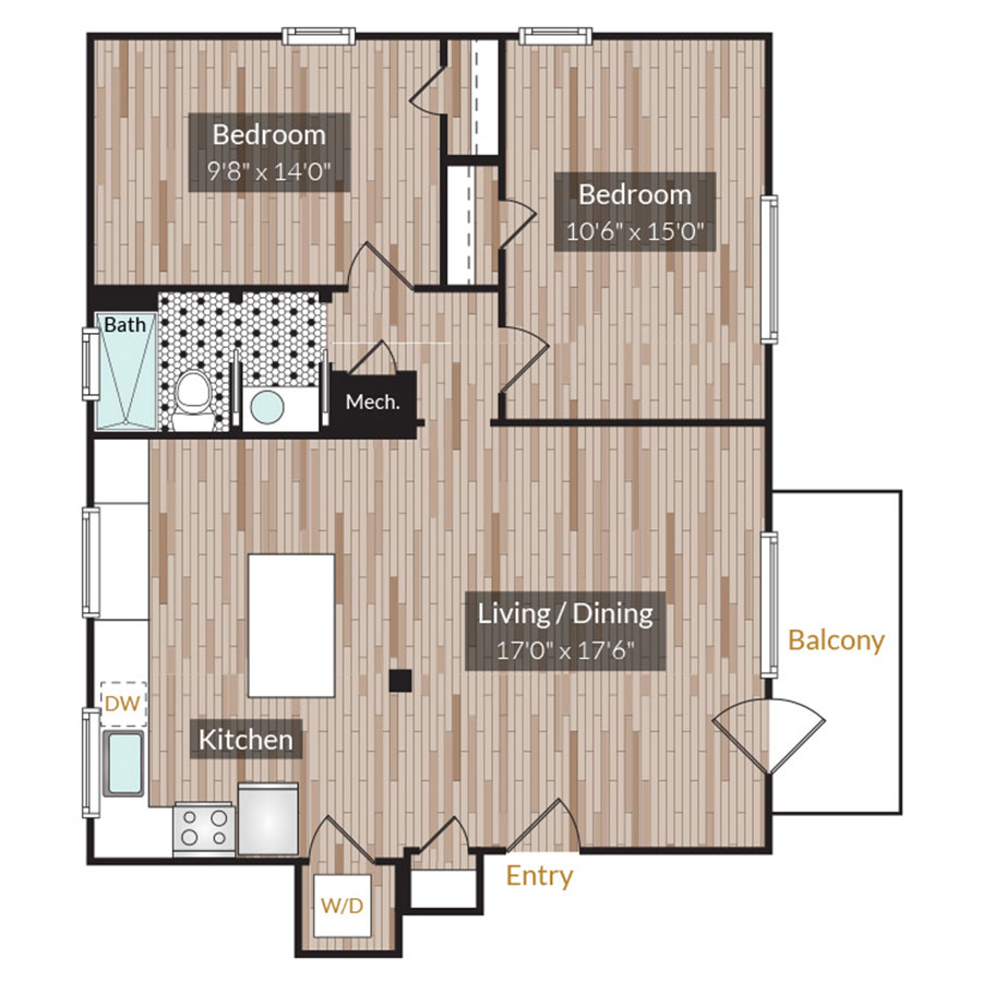 Rendering of the Unit 102 (23 S Downing)  floor plan with 2 bedroom[s] and 1 bathroom[s] at Country Club Towers