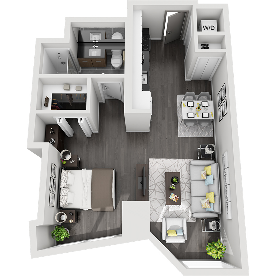 Rendering of the Little Bear Peak floor plan with a Studio bedroom and 1 bathroom[s] at Country Club Towers