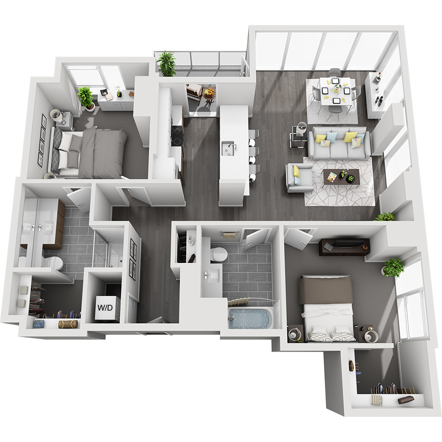 Rendering of the Mt. Princeton floor plan with 2 bedroom[s] and 2 bathroom[s] at Country Club Towers