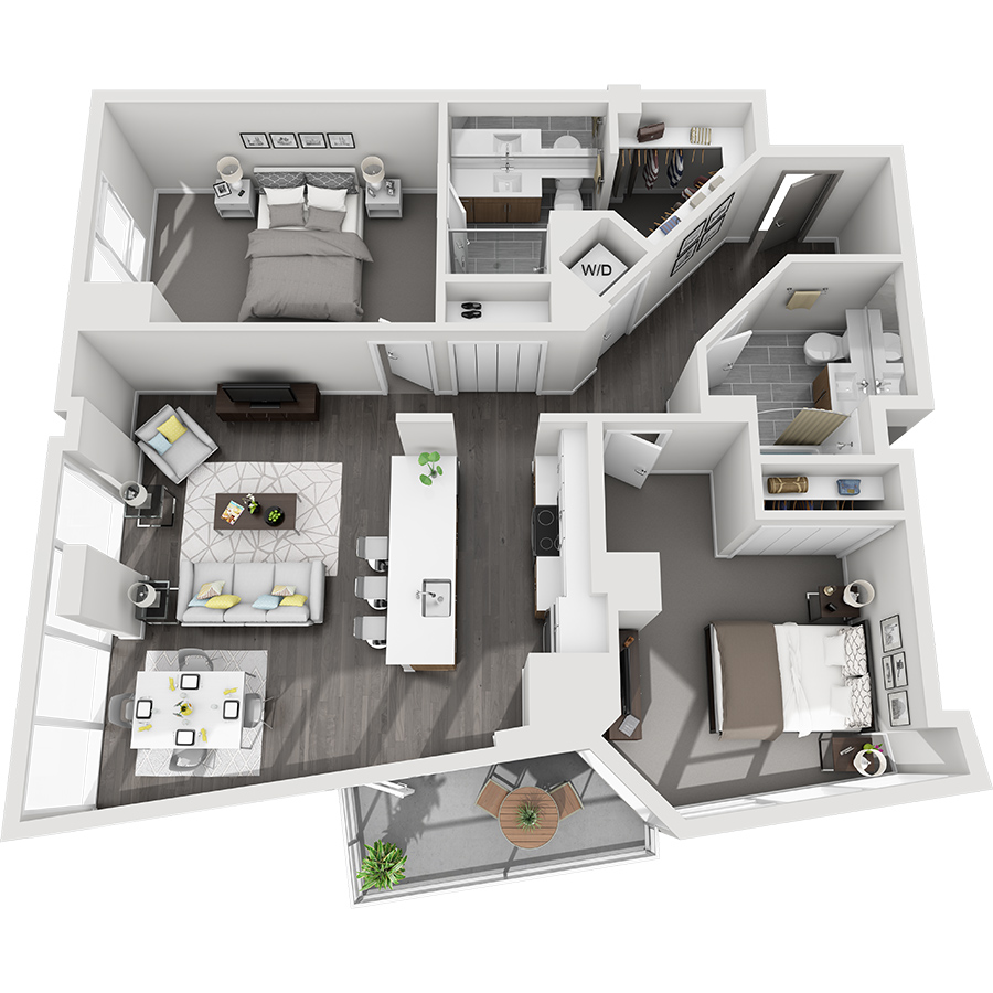 Rendering of the Maroon Peak floor plan with 2 bedroom[s] and 2 bathroom[s] at Country Club Towers