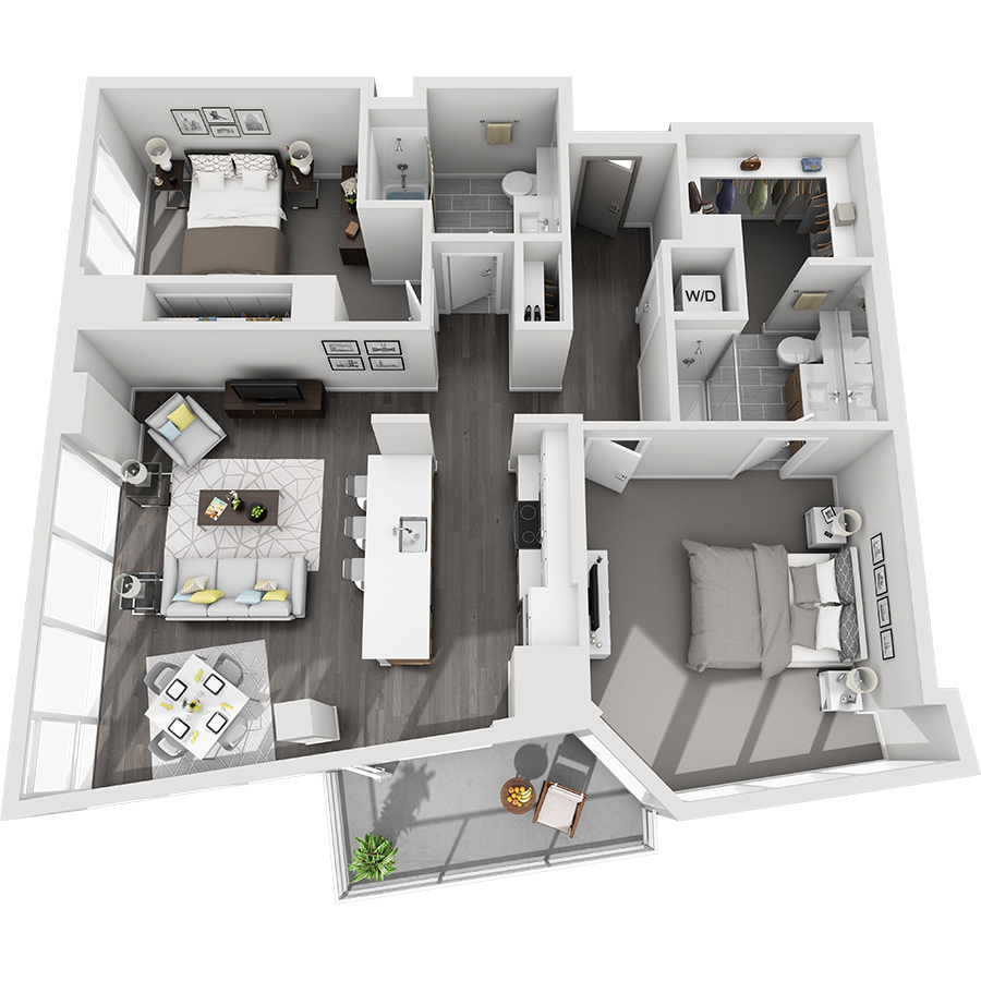 Rendering of the Pyramid Peak floor plan with 2 bedroom[s] and 2 bathroom[s] at Country Club Towers