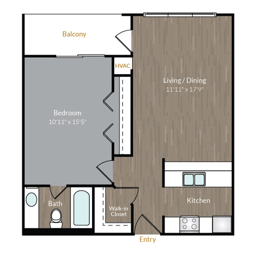 Rendering of the The Ogden floor plan with 1 bedroom[s] and 1 bathroom[s] at Bayaud Tower