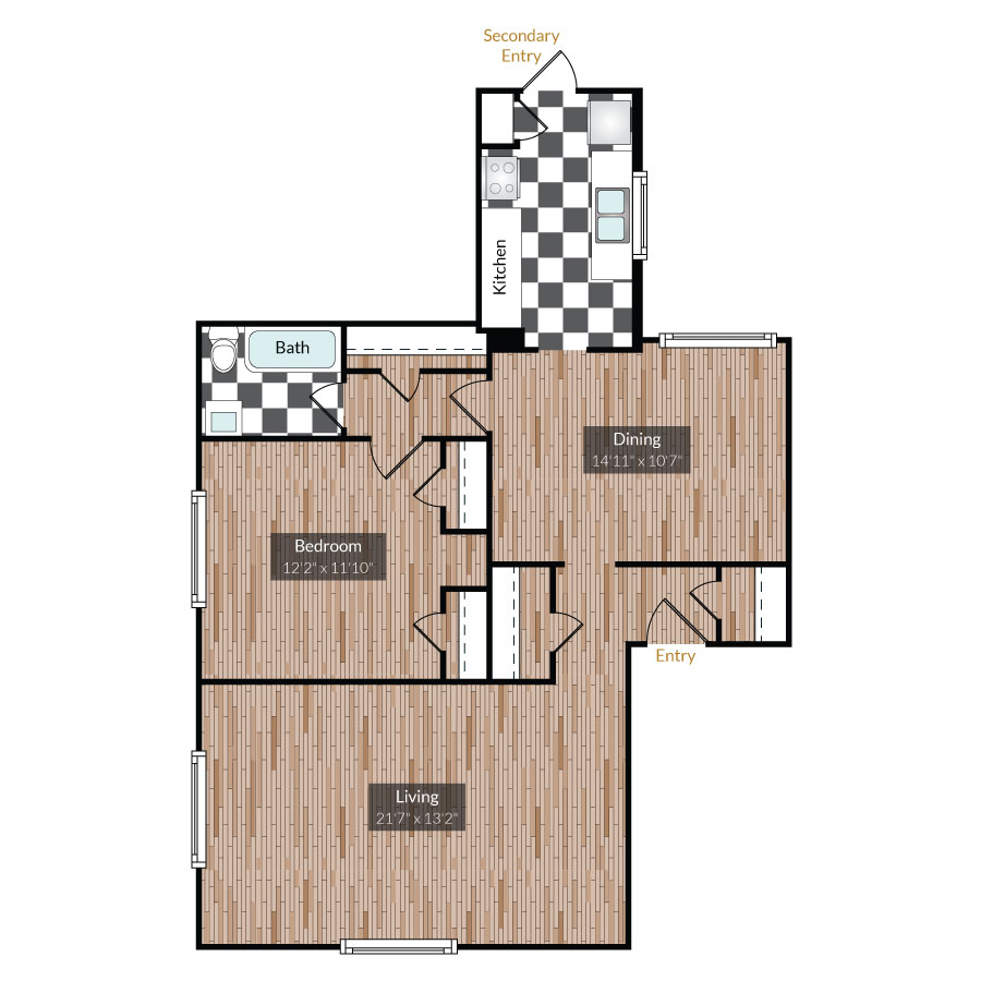 Rendering of the Pearl floor plan with 1 bedroom[s] and 1 bathroom[s] at The Gardens