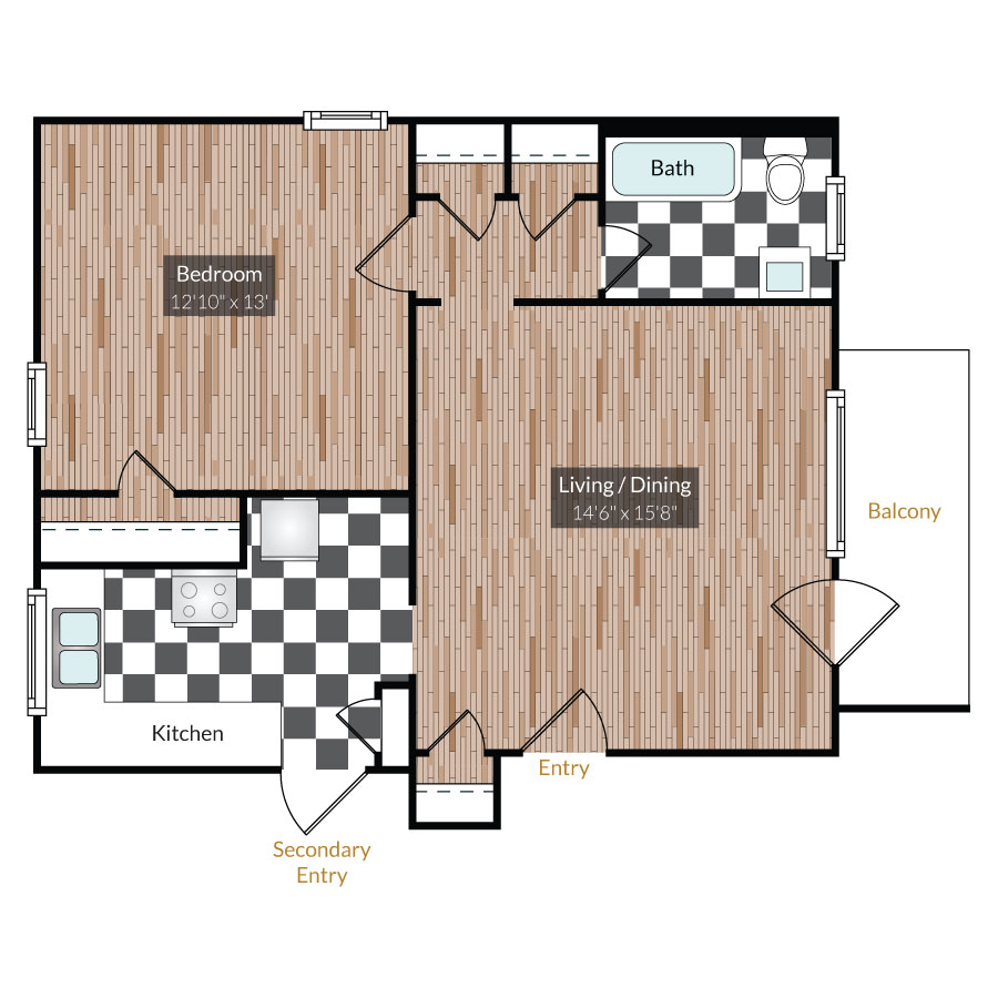 Rendering of the Archer floor plan with 1 bedroom[s] and 1 bathroom[s] at The Gardens