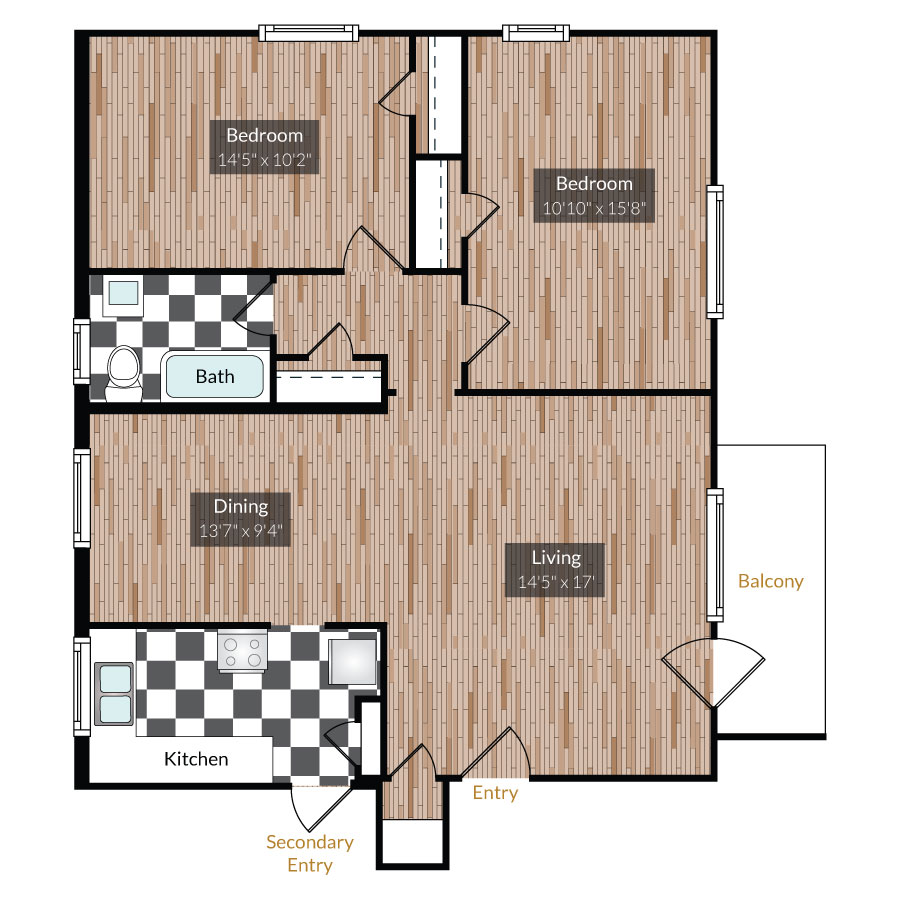Rendering of the Bayaud floor plan with 2 bedroom[s] and 1 bathroom[s] at The Gardens