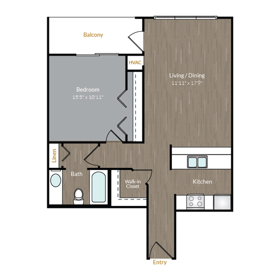 Rendering of the The Cedar floor plan with 1 bedroom[s] and 1 bathroom[s] at Bayaud Tower