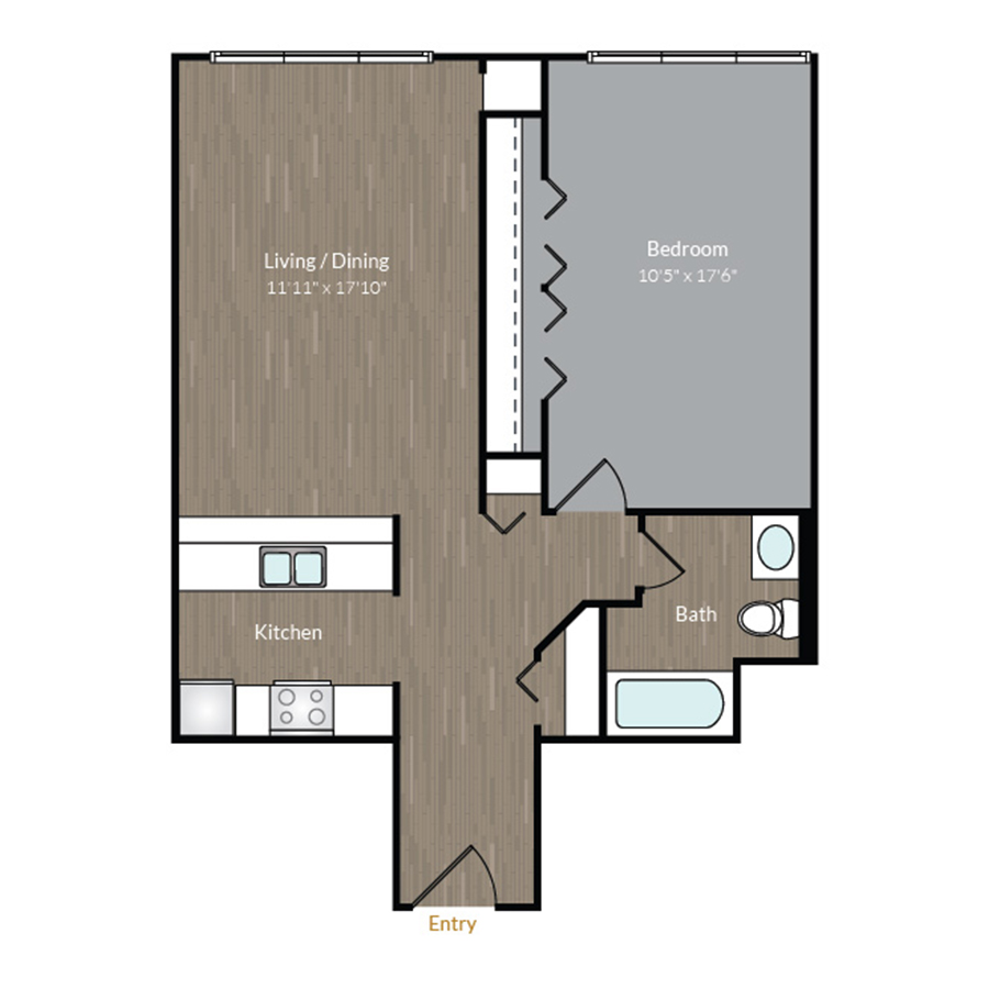 Rendering of the The Emerson floor plan with 1 bedroom[s] and 1 bathroom[s] at Bayaud Tower