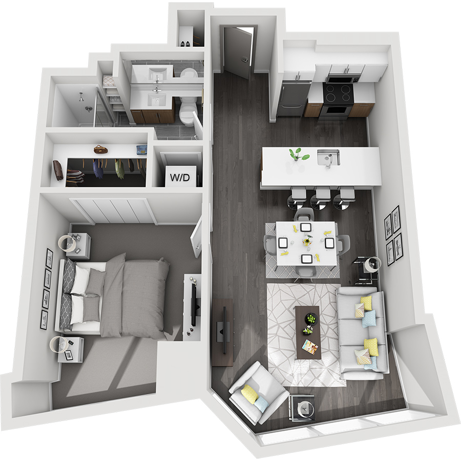 Rendering of the Grays Peak floor plan with 1 bedroom[s] and 1 bathroom[s] at Country Club Towers