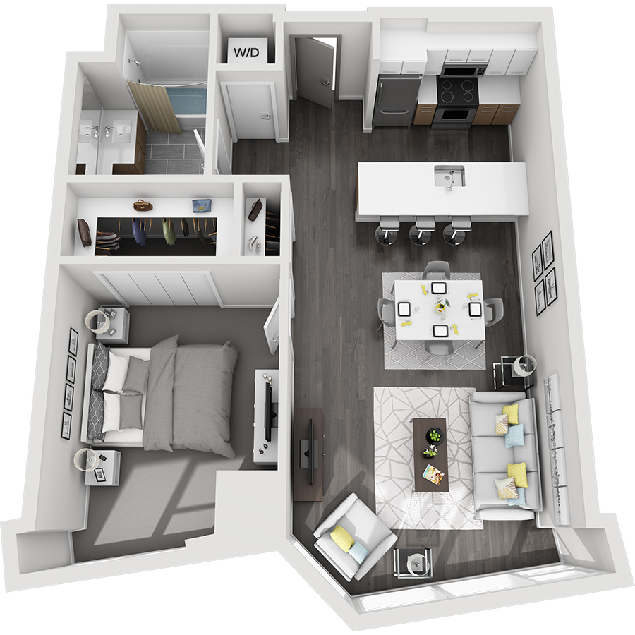 Rendering of the Pikes Peak floor plan with 1 bedroom[s] and 1 bathroom[s] at Country Club Towers