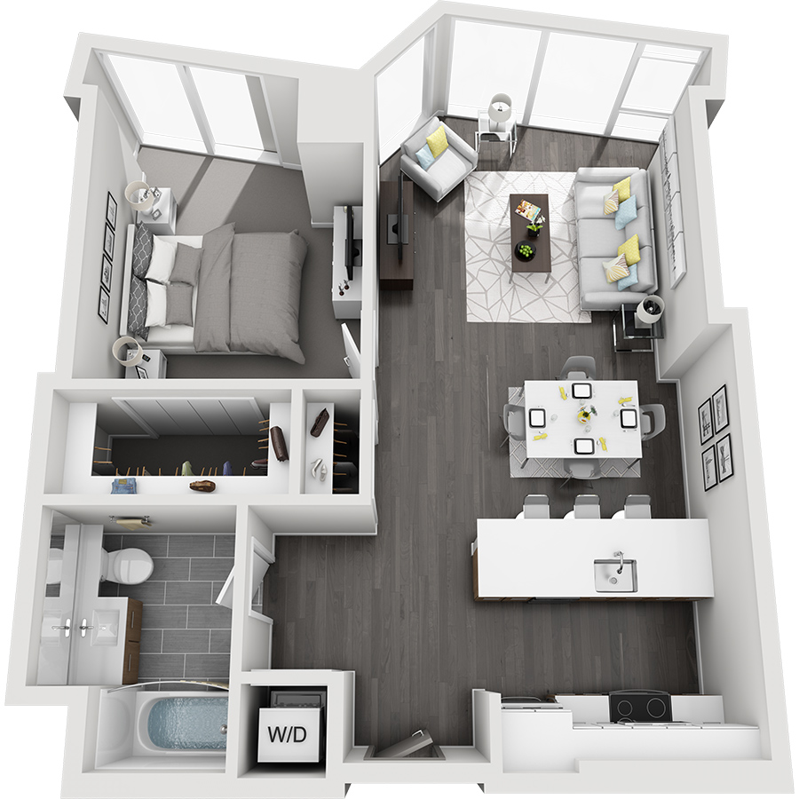 Rendering of the Torreys Peak floor plan with 1 bedroom[s] and 1 bathroom[s] at Country Club Towers