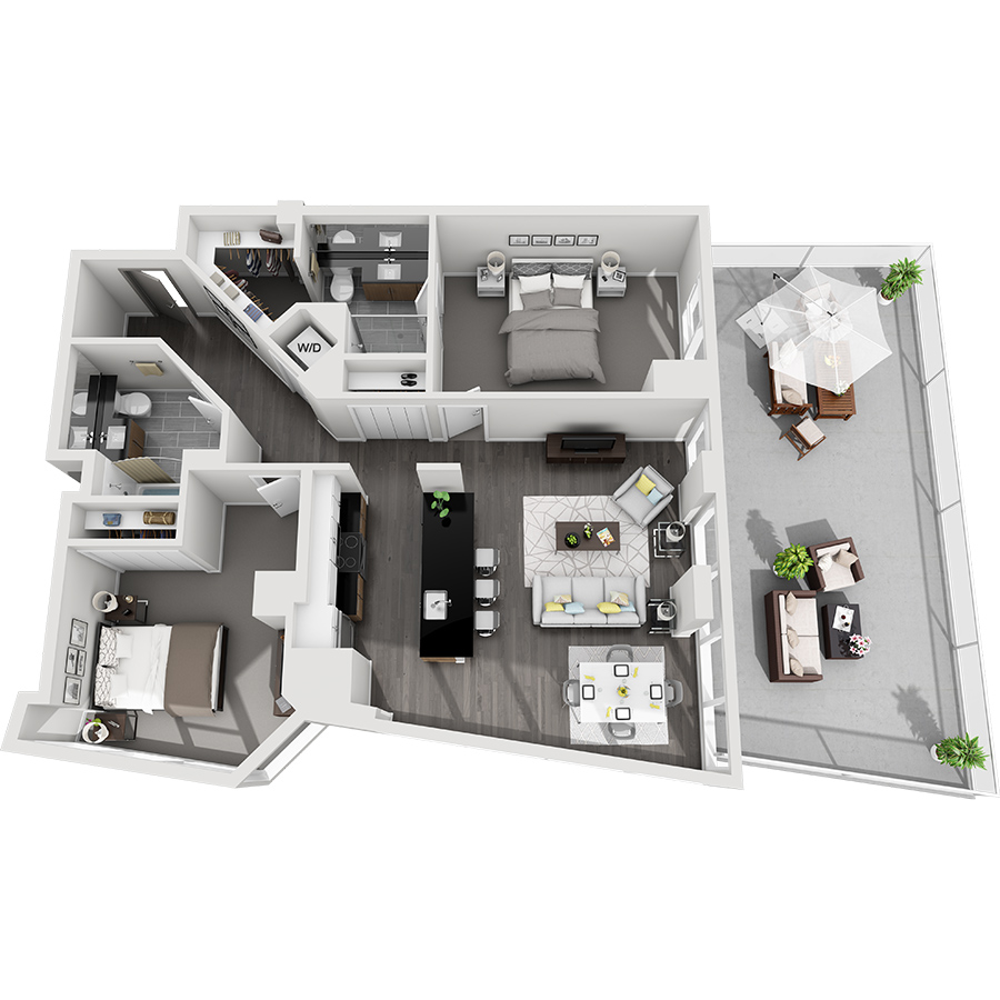Rendering of the Maroon Peak - Terrace floor plan with 2 bedroom[s] and 2 bathroom[s] at Country Club Towers